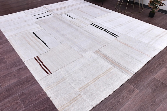8x10 Vintage Patchwork Hemp Rug, Handmade Hemp, Ivory Black Color, Living Room Bedroom Kilim