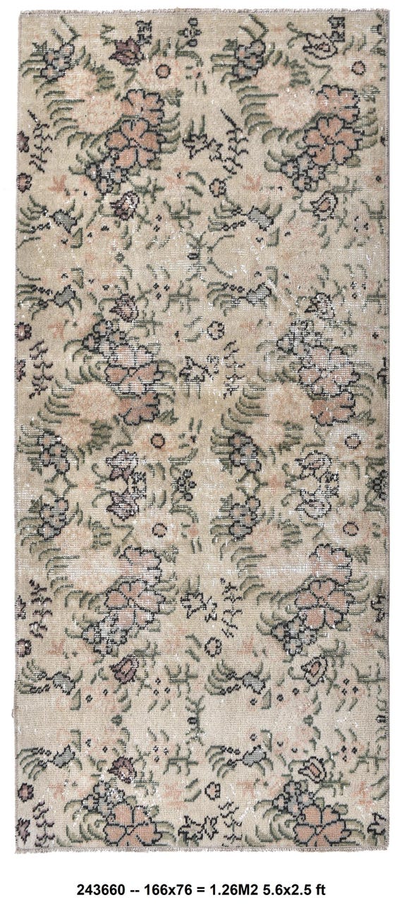 2x5 Floral Runner Rug, Green, Beige Color Rug, 2x5 Runner Rug, Hallway Rug 2x5, Vintage Rug 2x5, Handmade Wool Rug, Pastel Color Rug