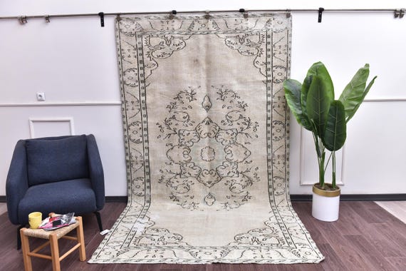 6x10 Vintage Faded Taupe Turkish Area Rug, Living Room Rug