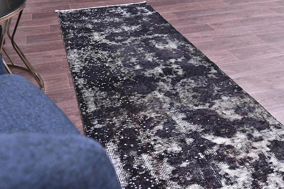2x6 Vintage Overdyed Runner Rug, 2x6 Handmade Floral Runner, Black White Color, 2x6 Elegant Runner, 2x6 Hallway Rug, 2x6 Kithcen Runner Rug