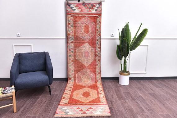 3x10 Vintage Traditional Runner Rug, Soft Wool Rug, Hallway Kitchen Runner Rug, Orange Red Cream Color