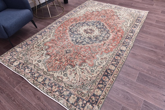 5x8 Vintage Turkish Area Rug, 5x8 Handmade Wool Rug, Red Blue Color, 5x8 Medallion Design, Faded Rug, 5x8 Persian Style Rug, Living Room Rug