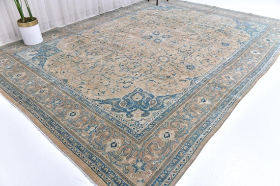 9x12 Antique Brown Persian Area Rug, Brown, Blue, Green Color Rug, 9x12 Handmade Wool Rug, Large Area Rug, 9x12 Rug, Traditional Wool Rug,