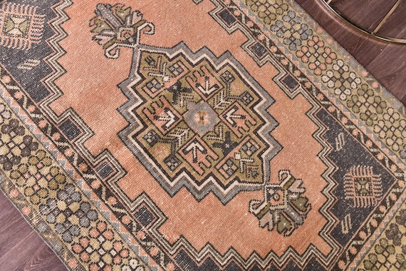4x6 Vintage Turkish Accent Rug, Salmon, Olive Green Color, 4x6 Medallion Style, Handmade Wool Rug, 4x6 Oushak Rug, Oriental Rug 4x6 Area Rug