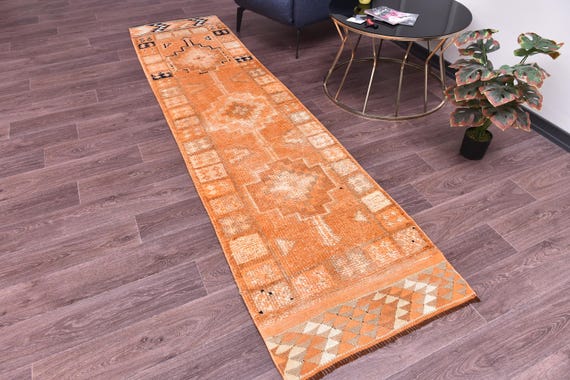 2x10 Vintage Distressed Runner Rug, Handmade Wool, Peach Cream Color, Medallion Design, Hallway Rug
