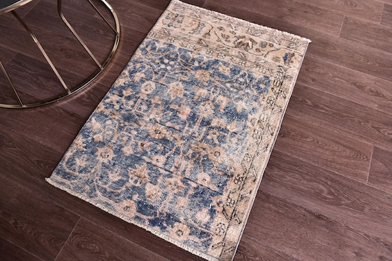 2x3 Vintage Doormat Rug, Blue Gold Color, 2x3 Rug, Small Handmade Wool Rug, 2x3 Turkish Rug, Rug For Bedroom Accent Bathmat,