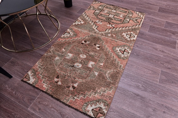 3x5 Vintage Runner Rug 3x5 Doormat Rug, 3x5 Rug, Small Handmade Wool Rug, 3x5 Turkish Rug, Rug For Bedroom Accent Bathmat Peach Cream Color