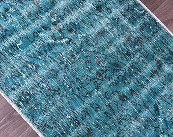 2x6 Vintage Teal Runner Rug, 2x6 Handmade Floral Runner, Ocean