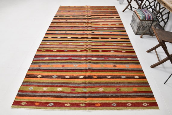 5x10 Area Rug, 5x10 COLORFUL RAINBOW KILIM Rug, 5x10, Vintage Kilim Rug, Oushak Handmade Kilim, Rugs 5x10, Modern Striped Kilim, Anatolian