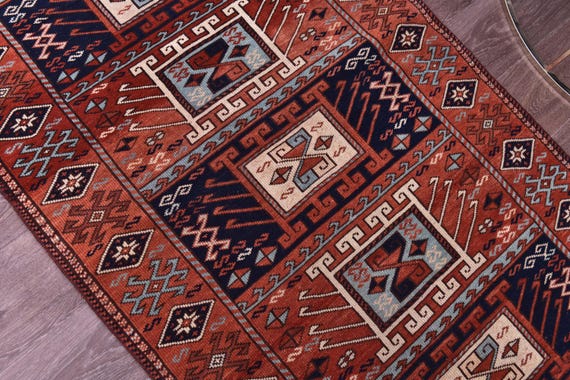 3x11 Vintage Turkish Runner Rug, Rich Red Navy Blue Color, Handmade Wool, 3x11 Hallway Kithcen Rug, Soft Wool Rug, Traditional Runner Rug