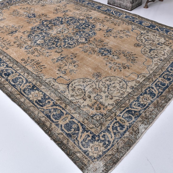 7x11 Antique Vintage Turkish Rug, 7x11 Faded Orange, Blue, 7x11 Extra Large Area Rug, 7x11 Oversize Oushak Rug, Aesthetic Handmade Rug,