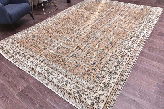 7x11 Vintage Faded Peach Rug, 7x11 Peach Blue Rug, 7x10 Floral Area Rug, 7x10 Living Room Kithcen Rug, 7x10 Handmade Area Rug, Farmhouse Rug