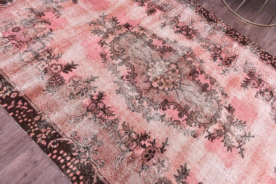 6x9 Vintage Salmon Distresset Rug, Handmade Wool Rug, 6x9 Salmon Brown Color, Abstrach Patterned Rug, Farmhouse Rug, 6x9 Living Room Rug
