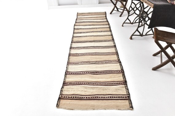 3x11 vintage kilim rug stair runner, vintage style runner rug 3x11 Kilim Runner, Handmade Wool Rug, 3x11 brown cream runner rug.