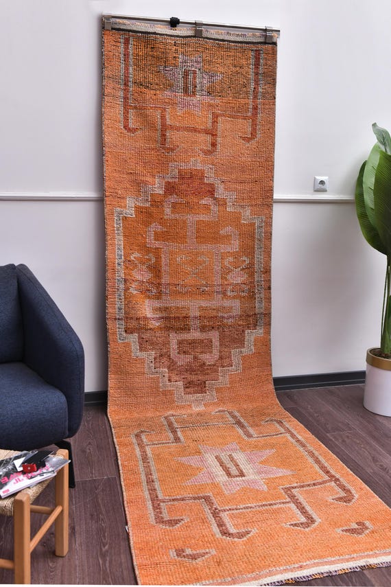3x10 Vintage Handmade Runner Rug, Hallway Kitchen Rug, Traditional Rug, Orange Color,