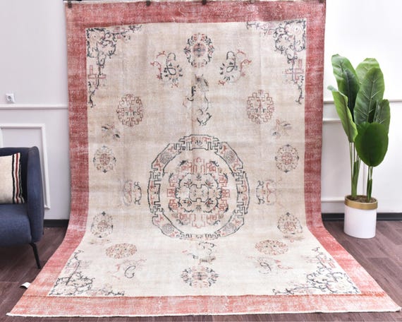 7x10 Vintage Traditional Medallion Handmade Wool Are Rug, Terracotta Cream Color