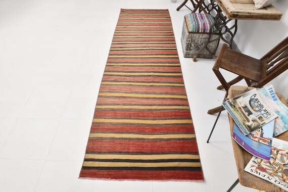 3x10 Rugs, 3x10 Red & Yellow Kilim Runner Rug, 3x10, Kilim Runner, Oushak Handmade Rug, Farmhouse Decor, Bohemian Style , Kilim Runner 3x10