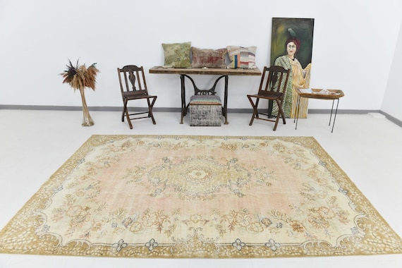 7x10 Rugs, 7x10 Oriental & Madallion Oversize Vintage Rug, 7x10, Large Handmade Rug, 7x10 Area Rug, Copper Beige Vintage Rug, Rug For Patio