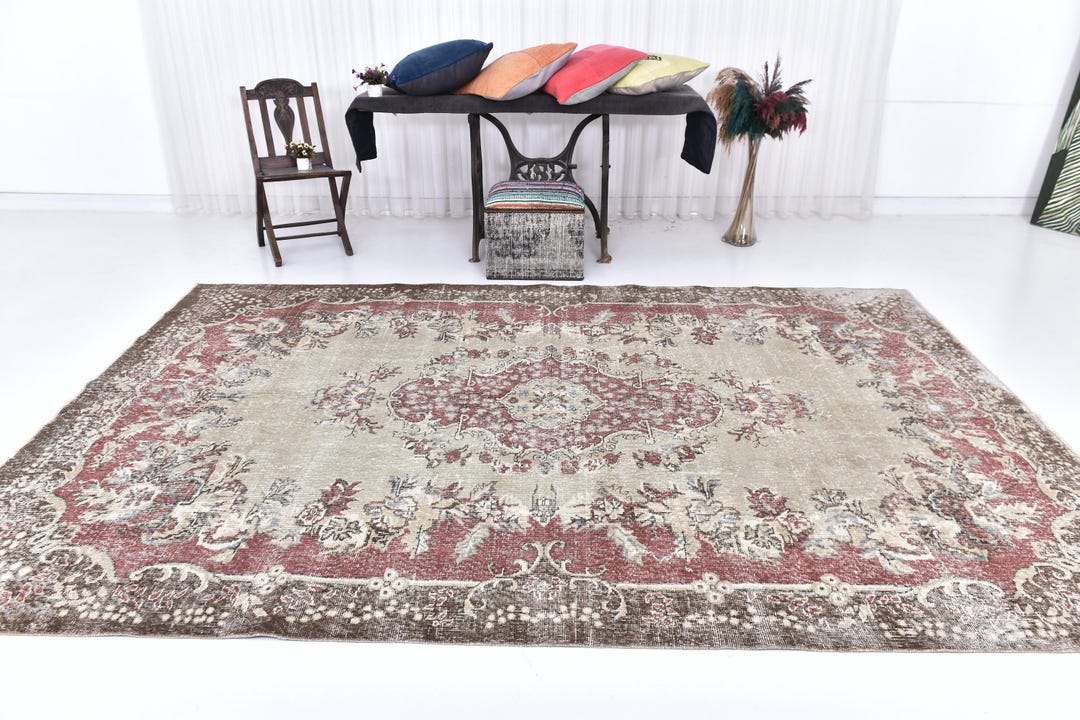 7x11 Vintage Turkish Area Rug, 7x11 Oversize Faded Red and Beige