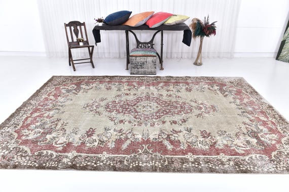 Antique Vintage Turkish Rug, 7x11 Oversize Faded Red and Beige Vintage Rug, 7x11 Large Area Rug, Handmade Wool Rug, 7x11 Area 1960's Rug,