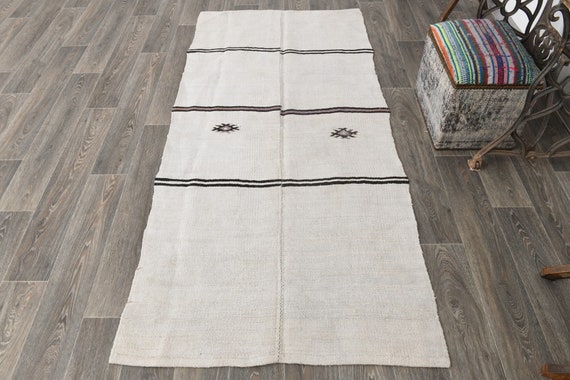 3x8 White Hemp Vintage Runner Rug, 3x8 Vintage Runner, 3x8 Rug, Soft Handmade Hemp Rug, 3x8 Turkish Runner, White & Beige Carpet, Antique