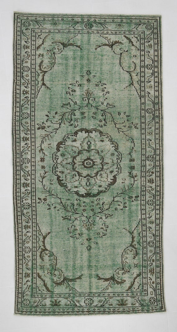 4x9 Area Rug, 4x9 ORIENTAL TURKISH VINTAGE Rug, 4x9 Earthly Green Vintage Rug, 4x9, Pastel Madallion Vintage, Area Rug 4x9, Farmhouse Style