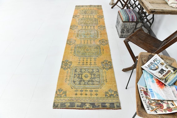 3x10 Runner Rug, 3x10 Herki Runner, 3x10 VINTAGE HERKI RUNNER Rug, Mustard & Green Vintage Rug, Handmade Oushak Rug, Long Vintage Stair Rugs