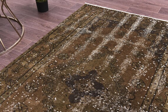 4x7 Handmade Vintage Accent Rug, Overdyed Traditional Turkish, Living Room Bedroom Rug, Green Brown Color