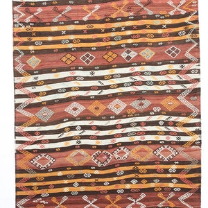 6x12 Area Rug, 6x12 Kilim ,6x12 Fringed & Pinstriped Kilim Rug, 6x12 ,Vintage Kilim Rug, Oushak Handmade Kilim, 6x12 Rugs, Orange Brown Rugs
