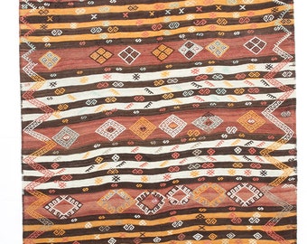 6x12 Area Rug, 6x12 Kilim ,6x12 Fringed & Pinstriped Kilim Rug, 6x12 ,Vintage Kilim Rug, Oushak Handmade Kilim, 6x12 Rugs, Orange Brown Rugs