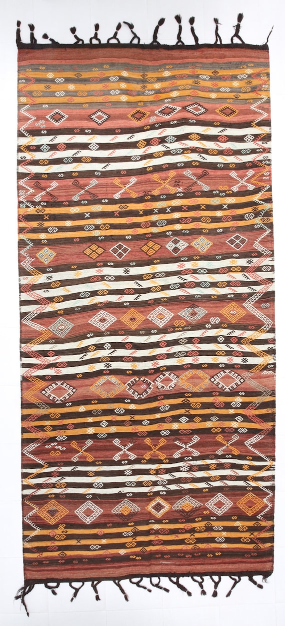 6x12 Area Rug, 6x12 Kilim ,6x12 Fringed & Pinstriped Kilim Rug, 6x12 ,Vintage Kilim Rug, Oushak Handmade Kilim, 6x12 Rugs, Orange Brown Rugs