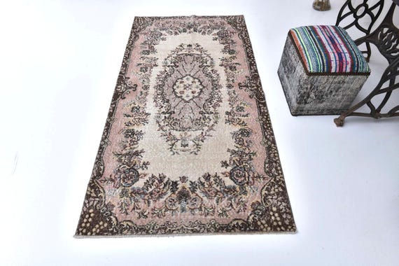 3x7 TURKISH VINTAGE RUG, 3x7 Pink Brown Vintage Rug, 3x7 Rug, Handmade Wool Rug, 3x7 Area Rug, 3x7 Turkish Rug, Oriental Floral Style, 55s