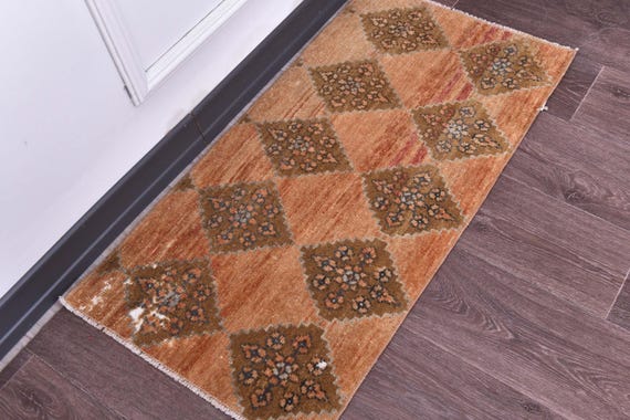 1x3 Vintage Doormat Rug, Terracotta Brown Color, 1x3 Rug, Small Handmade Wool Rug, 1x3 Turkish Rug, Rug For Bedroom Accent Bathmat,