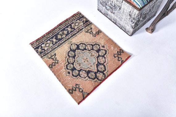 2x2 Square Persian Doormat Rug, 2x2 Doormat Rug, 2x2, Wool Handmade Turkey, 2x2 Rugs, Peach Navy Blue Doormat, 2x2 Turkish Rugs For Bedroom