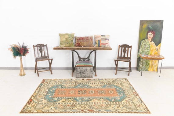 5x7 Area Rug, 5x7 Turkish Rug, 5x7 VINTAGE TURKISH AREA Rug, Turkish Rug 5x7, Wool Handmade Oushak, Copper & Green, Vintage Rug 5x7, 60s