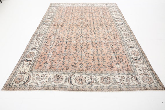 7x10 Area Rug, 7x10 Retro Vintage, Oversize Turkish Rug, Large Area Rug, 7x10, Handmade Wool Rug, 7x10 Rugs, Peach Red Rug, 7x10 Vintage Rug
