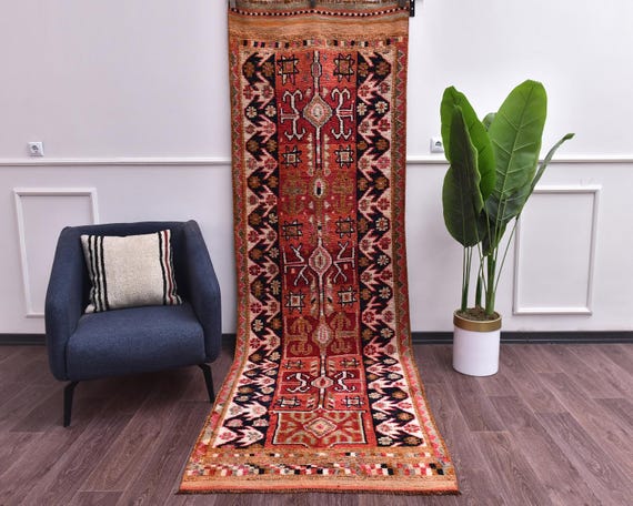 3x10 Vintage Handmade Traditional Moroccan Stair Runner Rug, Red Blue Color, Outlet