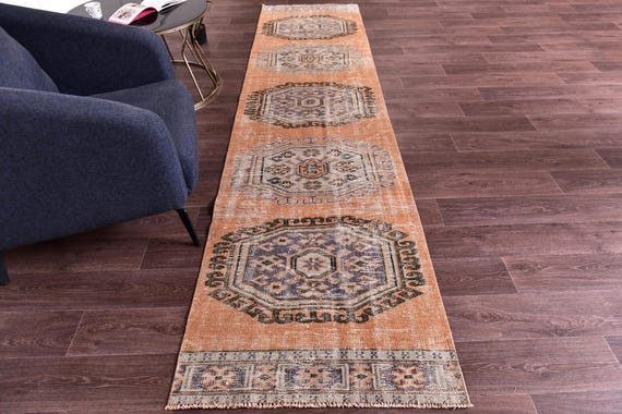 3x11 Vintage Faded Runner Rug, 3x11 Terracotta Color, 3x11 Handmade Wool Runner, 3x11 Kitchen Runner,  Farmhouse Decor, 3x11 Hallway Rug