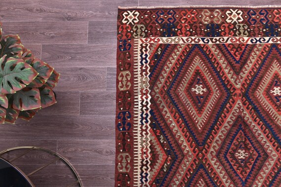 5x10 Vintage Turkish Kilim Rug,  Handmade Wool Jute, Terracotta Brown Blue Color, 5x10 Traditional Turkish Kilim