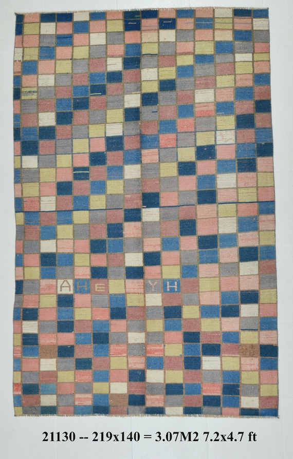4x7 Rug, 4x7 GEOMETRIC TURKISH VINTAGE Rug, Wool Vintage Rug, Handmade Oushak Rug, 4x7 Area Rug, Vintage Rug 4x7, Square Patterned Carpets