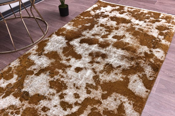 3x6 Vintage Camouflage Rug, Traditional Turkish Rug, 3x6 Mustard Brown Color, Handmade Wool Rug, 3x6 Doormat Rug, Small Runner Rug, 3x6 Rug