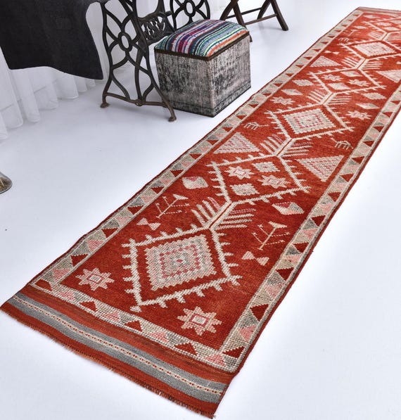 3x13 Vintage Runner, 3x13 Dark Red Beige Vintage Runner Rug, 3x13 Rug, Long Handmade Hallway, 3x13 Runner Rug, Turkish Runner 3x13, Entrway