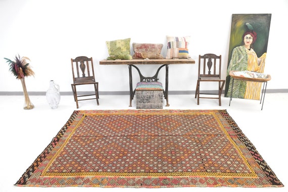 6x8 KILIM TURKISH VINTAGE Rug, 6x8, Vintage Kilim Rug, Wool Handmade Oushak Kilim, Rugs 6x8, Soft & Pastel Kilim, Turkish Kilim, Antique 59s