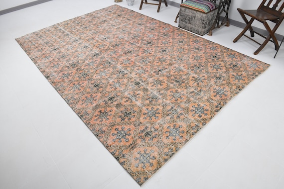 7x10 Area Rug, 7x10 TURKISH VINTAGE OUSHAK Rug, 7x10, Orange & Gray Vintage Rug, Handmade Wool Oushak, 7x10 Oversize Vintage Rug, Anatolian