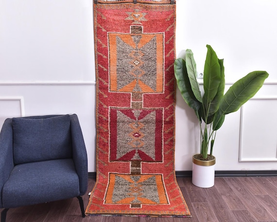 3x9 Vintage Bold Handwoven Traditional Wool Runner Rug, Soft, Outlet, Red Color