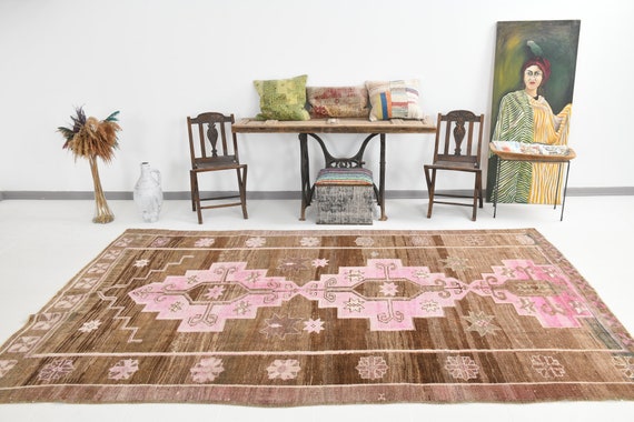 7x11 Oversize & Oversized Vintage Rug, 7x11, Large Handwoven Rug, 7x11 Rugs, Pink Brown Vintage Rug, Farmhouse Decor, Rug For Living Room