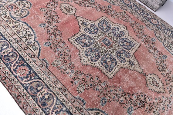 7x11 Vintage Faded Salmon Rug, Salmon Blue Cream Rug, 7x11 Floral Area Rug, 7x11 Living Room Rug, 7x11  Distressed Rug, 7x11 Handmade Rug