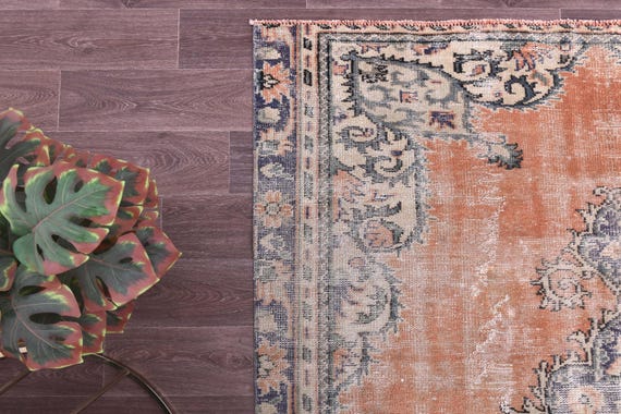 6x9 Vintage Distressed Rug, Handmade Wool Rug, 6x9  Living Room Bedroom Rug, Orange Green Color, 6x9 Area Rug, Medallion Design