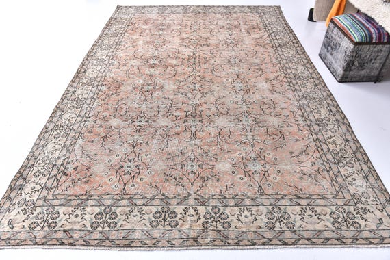 7x10 Vintage Faded Turkish Area Rug, Dusty Pink Brown Rug, 7x10 Rug Handmade Wool Rug 7x10 Area Rug,7x10 Turkish Rug For Living Room Bedroom