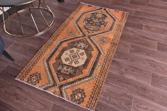 3x5 Vintage Peach Accent Rug, Traditional Turkish Rug, 3x5 Peach Brown Color, Handmade Wool Rug, 3x5 Doormat Rug, Small Runner Rug, 3x5 Rug